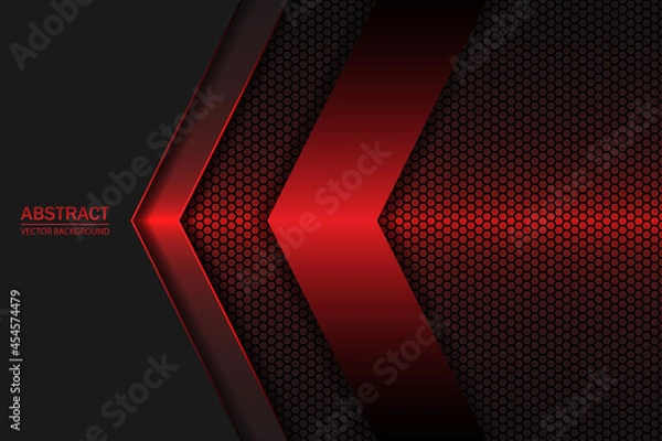 Fototapeta The arrows are black and red on a dark red hexagonal carbon fiber background. Geometric shapes, stripes and lines on a hexagonal red grid.