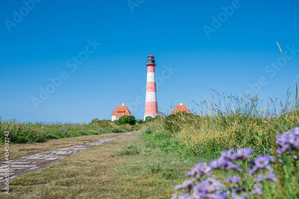 Fototapeta Wanderer nutzen gern den Wanderweg durch das Vogelschutzgebiet beim Westerhever Leuchtturm
