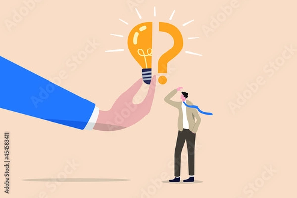 Fototapeta Man searching for answers with light bulb glowing over his head. Question mark and support template design