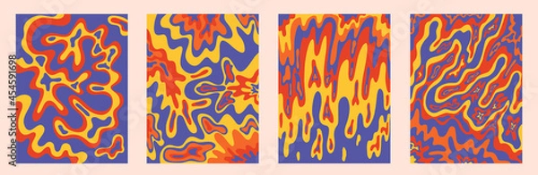 Fototapeta vintage vector interior posters in hippie style.70s and 60s funky and groove postcards.Psychedelic patterns with waves, brush, paint stains.Tie dye abstract shapes for wallpaper and background.