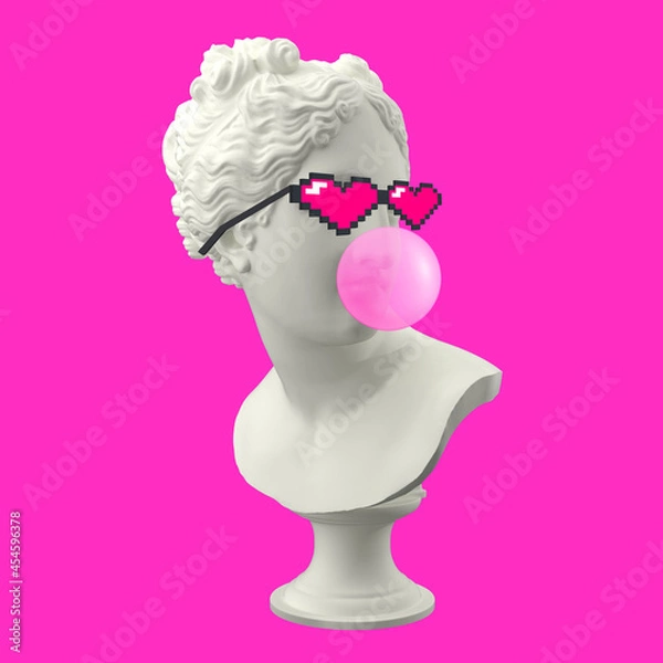 Fototapeta Funny illustration from 3d rendering ofhead sculpture Venus in pixel glasses, blowing a pink chewing gum bubble. Isolated on pink background.
