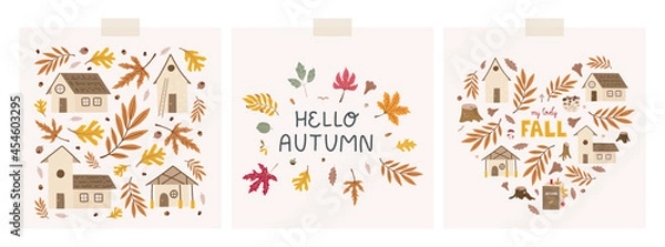 Fototapeta Collection of greeting cards with cute doodle hand-drawn illustrations - square composition with houses and fallen leaves, heart composition and calligraphy hello autumn decorated with leaves.