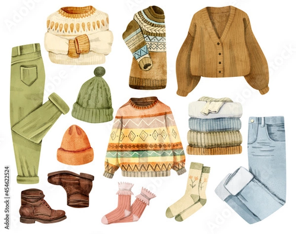 Obraz Watercolor autumn stylish clothing set on white background