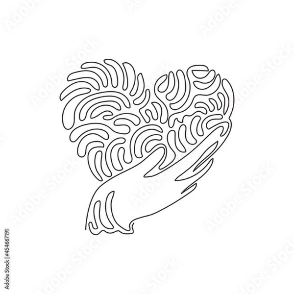 Fototapeta Single one line drawing hand holding heart icon. Save life or health care symbol. Swirl curl style. Isolated vector symbol. Modern continuous line draw design graphic vector illustration