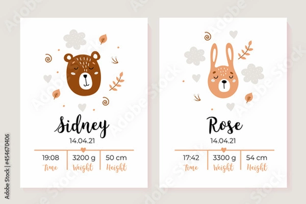 Fototapeta A set of children's posters, height, weight, date of birth. Bear, hare