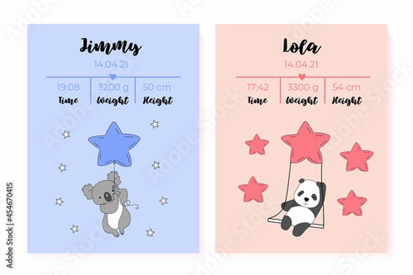 Fototapeta A set of children's posters, height, weight, date of birth. Panda, koala.