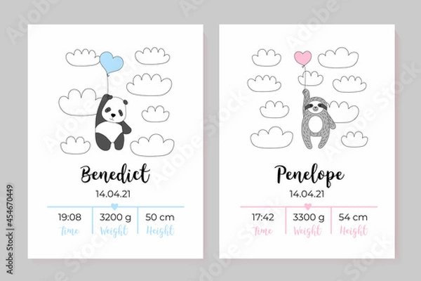Fototapeta A set of children's posters, height, weight, date of birth. Panda, sloth.