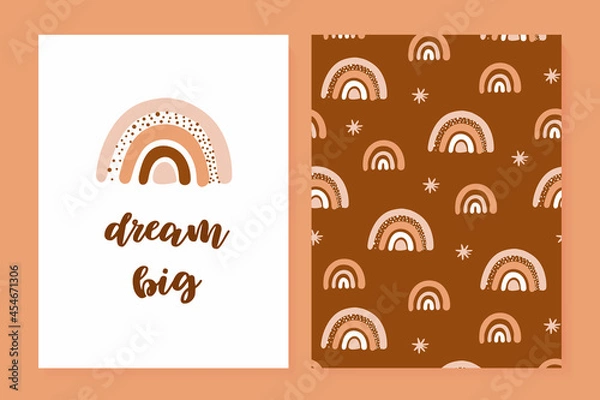Fototapeta Illustration and seamless pattern with cute rainbow. Baby shower set