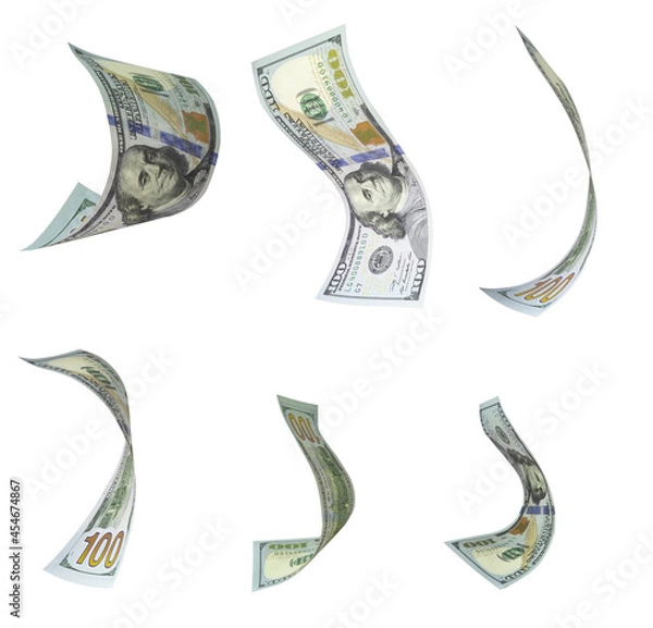 Fototapeta 6 images of curved us hundred dollar bill flying. Isolated on white image.