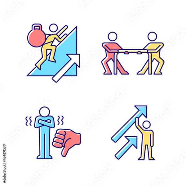 Fototapeta Motivation complications and results RGB color icons set. Positive dynamics. Persistence and competition. Facing criticism. Isolated vector illustrations. Simple filled line drawings collection