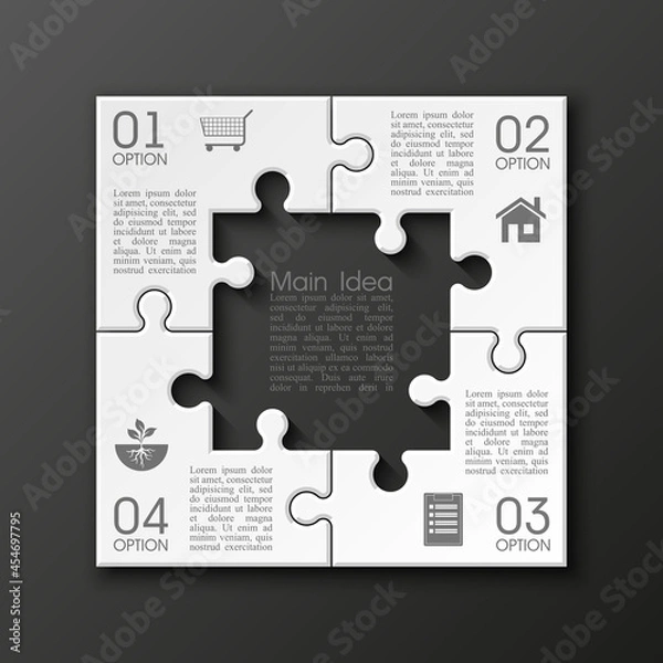 Obraz Four sided 3d puzzle presentation. Abstract puzzle infographic template with explanatory text field for business statistics. Vector four pieces puzzles illustration