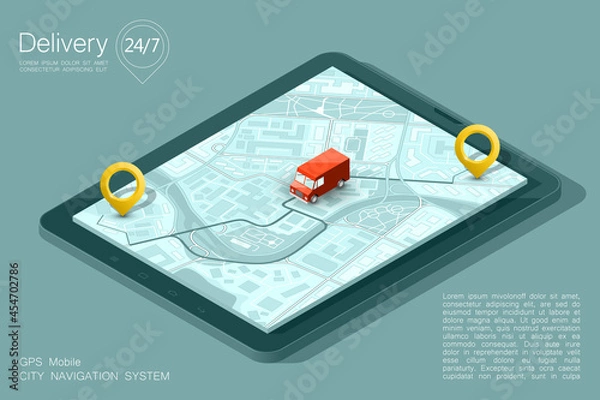 Obraz City map navigation route, phone point delivery van, isometric schema itinerary delivery car, city plan GPS navigation, itinerary destination arrow city map. Route delivery truck check point