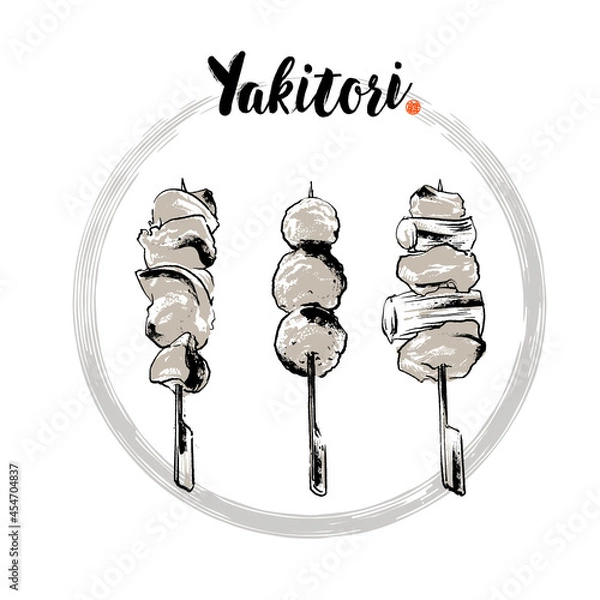 Obraz Hand-drawn vector illustration of Japanese grill skewered chicken, Yakitori. Ink painting style on white background. included meatball, grilled chicken with onion, grilled liver.
