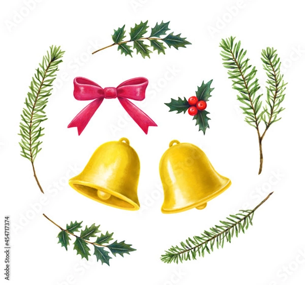 Obraz クリスマスのベル飾り　手描きイラスト素材セット
