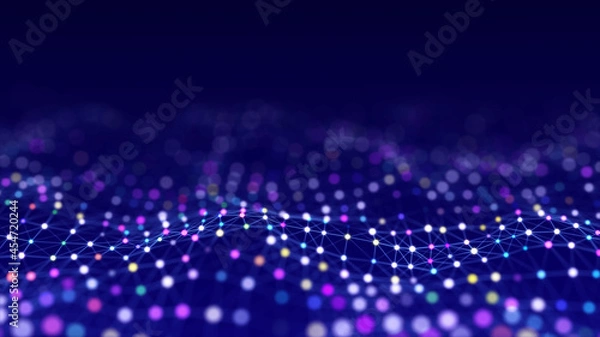 Fototapeta Abstract technology wave of particles. Big data visualization. Background with motion dots and lines. Artificial intelligence.