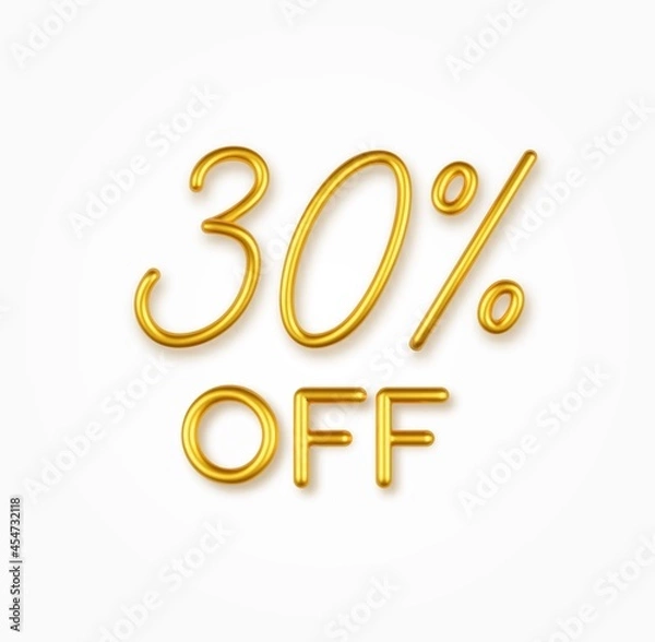 Fototapeta 30 percent off golden realistic text on a light background.