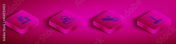 Fototapeta Set Isometric line Cup of tea with tea bag, Mushroom, Meteorology thermometer and Garden rake icon. Vector