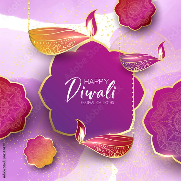 Obraz Diwali festival holiday design with paper cut style of Indian Rangoli. Happy Diwali. Paper Graphic of Indian Rangoli. Gold Mandala on purple pink yellow background. Design for banner, invitation, menu