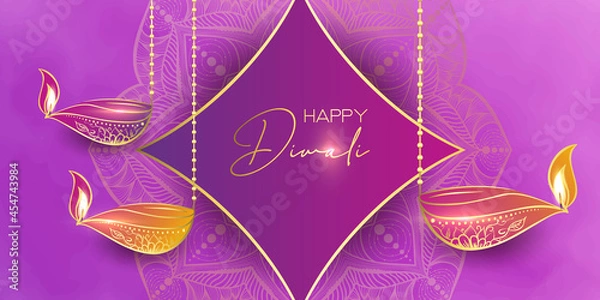 Obraz Diwali festival holiday design with paper cut style of Indian Rangoli. Happy Diwali. Paper Graphic of Indian Rangoli. Gold Mandala on purple pink yellow background. Design for banner, invitation, menu