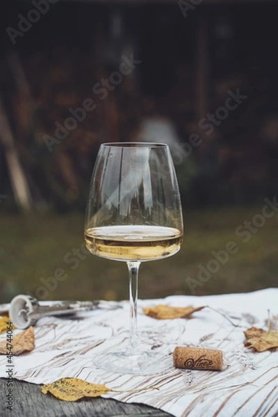 Obraz Autumn picnic in nature with white wine. There is a glass on a cloth napkin, next to a cork from an open wine and yellow leaves. There is firewood in the background. autumn mood.