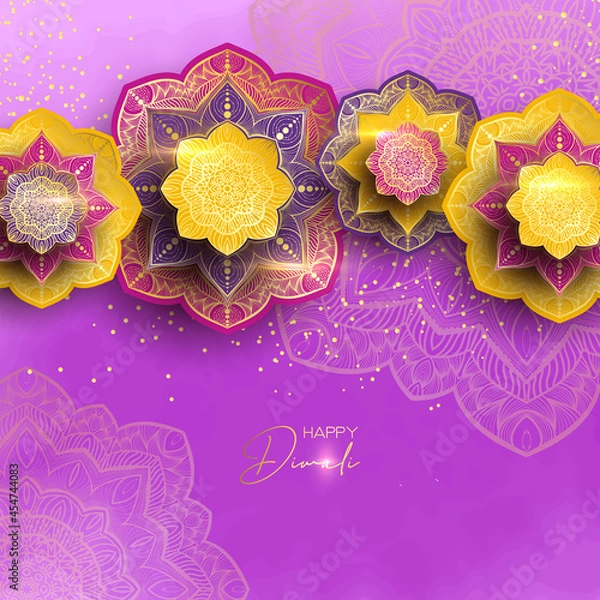 Obraz Diwali festival holiday design with paper cut style of Indian Rangoli. Happy Diwali. Paper Graphic of Indian Rangoli. Gold Mandala on purple pink yellow background. Design for banner, invitation, menu