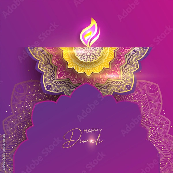 Obraz Diwali festival holiday design with paper cut style of Indian Rangoli. Happy Diwali. Paper Graphic of Indian Rangoli. Gold Mandala on purple pink yellow background. Design for banner, invitation, menu