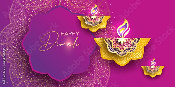 Obraz Diwali festival holiday design with paper cut style of Indian Rangoli. Happy Diwali. Paper Graphic of Indian Rangoli. Gold Mandala on purple pink yellow background. Design for banner, invitation, menu