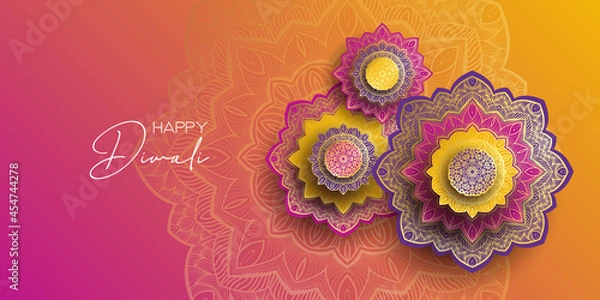 Obraz Diwali festival holiday design with paper cut style of Indian Rangoli. Happy Diwali. Paper Graphic of Indian Rangoli. Gold Mandala on purple pink yellow background. Design for banner, invitation, menu