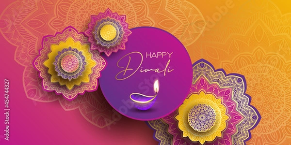 Obraz Diwali festival holiday design with paper cut style of Indian Rangoli. Happy Diwali. Paper Graphic of Indian Rangoli. Gold Mandala on purple pink yellow background. Design for banner, invitation, menu