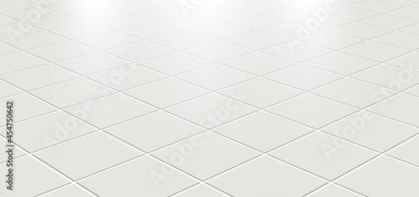 Obraz Ceramic tiles in the kitchen or bathroom on the floor 3d. Realistic white square terracotta. Perspective and light - vector illustration.