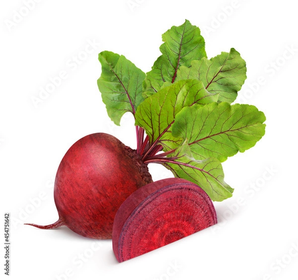 Fototapeta Beetroot with leaves, fresh whole_and sliced beet isolated on white background