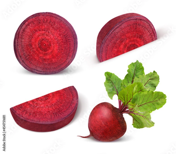 Fototapeta Beetroot with leaves, fresh whole_and sliced beet isolated on white background. Set. Collection.