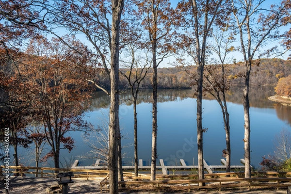 Fototapeta Burr Oak Lake in Autumn with Dock