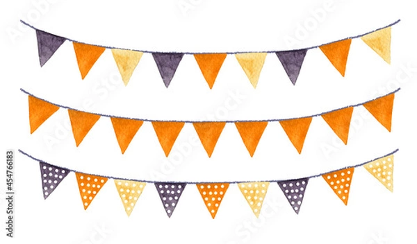 Fototapeta Watercolor Garland with different Flags for Halloween or Thanksgiving Day. Hand drawn illustration of Pennants set on white isolated background