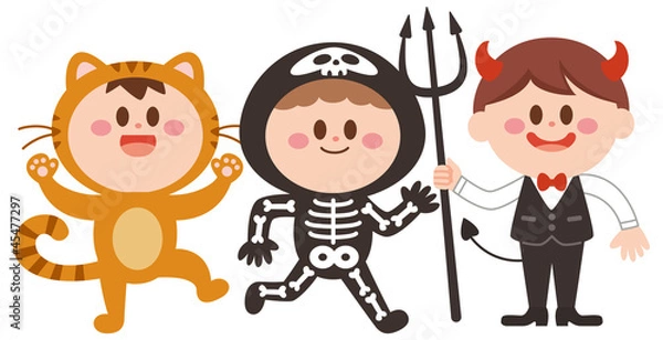 Obraz ハロウィン　仮装　猫　がい骨　悪魔　子供達　イラスト