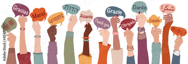 Fototapeta Raised arms and hands of multi-ethnic people from different nations and continents holding speech bubbles with text -thank you- in various international languages.Communication.Equality