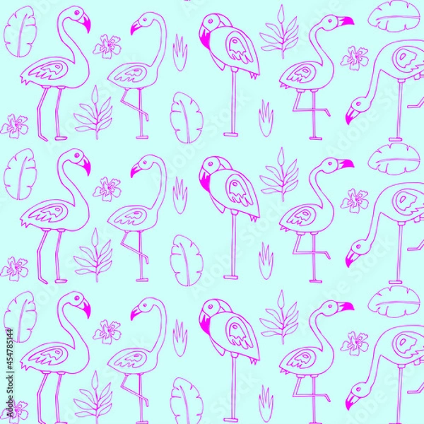 Fototapeta Seamless trendy pattern with flamingo. Cartoon vector illustration for prints, clothing, packaging and postcards. Doodle style.