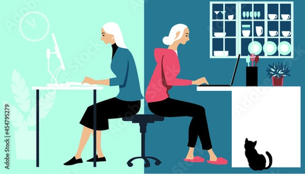 Obraz Woman in hybrid work place sharing her time between an office and working from home remotely, EPS 8 vector illustration