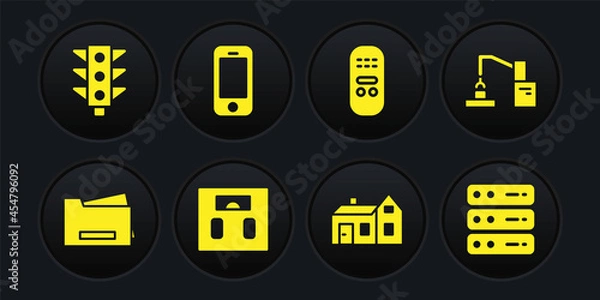 Fototapeta Set Printer, Robotic robot arm hand factory, Bathroom scales, House, Remote control, Smartphone, Server, Data, Web Hosting and Traffic light icon. Vector