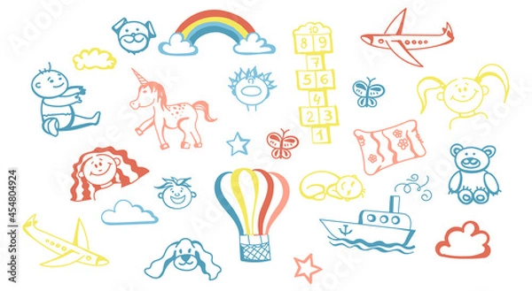 Fototapeta A set of children's doodles, hand-drawn in soft pastel colors. Elements for the design. Children, Toddlers, Newborns, Rainbow, Balloon, Unicorn, Plane, Ship, Star, Clouds