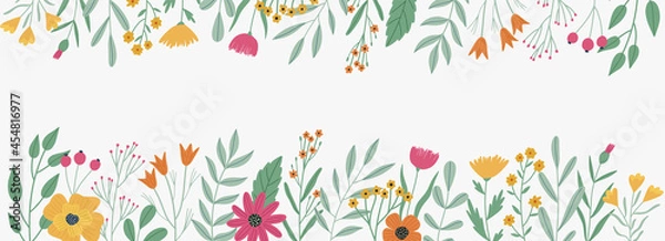 Fototapeta Floral botanical border or backdrop with colorful  flowers and leaves. Banner or postcard template. Vector illustration