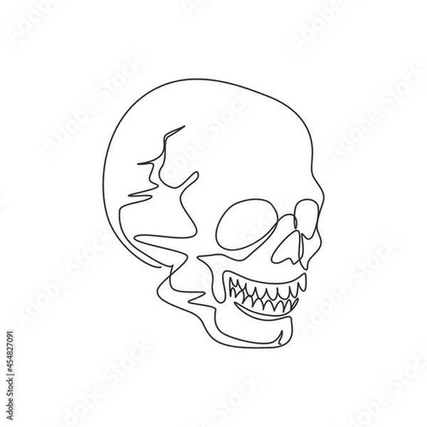 Obraz Single one line drawing graphical skulls isolated on white background. Anatomy face halloween horror vector elements. Engraved human skull with closed jaw. Continuous line draw design graphic vector