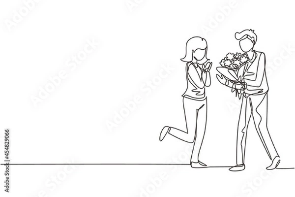 Fototapeta Continuous one line drawing man making proposal marriage to woman with bouquet. Boy surprises his girl and giving flowers. Engagement and love relation. Single line design vector graphic illustration