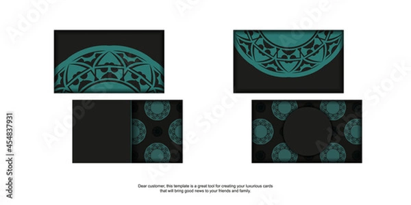 Obraz Template for print design of business cards in black with blue ornaments. Vector Business card preparation with place for your text and abstract patterns.