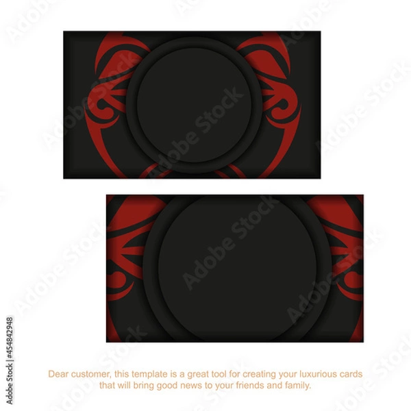 Fototapeta Black business card design with mask of the gods ornaments. Stylish business cards with a place for your text and a face in polizenian style patterns.