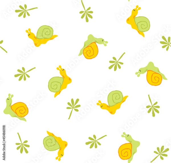 Fototapeta Seamless pattern with cute snails and leaves.