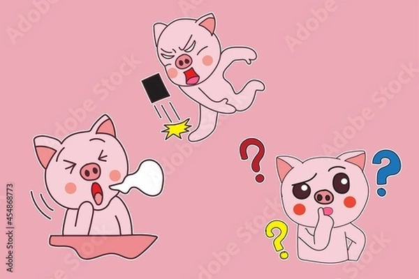 Fototapeta set of bundle of illustrations of cartoon pig stickers with various poses