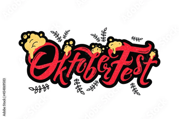 Obraz Oktoberfest handwritten lettering header. Beer foam. Vector Design template event celebration. Beer Bavarian Festival banner. Typography title for cards and poster. Hops, malt and brewer's yeast.