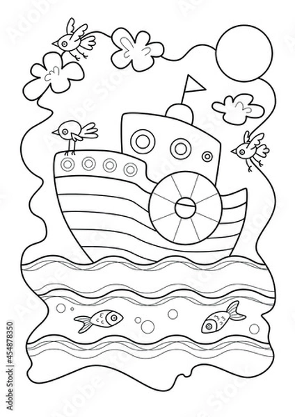 Obraz Cartoon page for coloring book with boat, hand-drawn vector illustration.