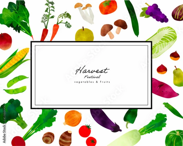Obraz カラフルな水彩にじみのある野菜イラスト背景フレーム